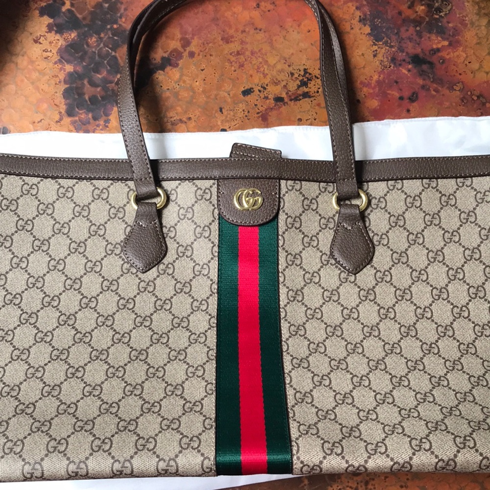 GG Brown tote with red and green stripe detail